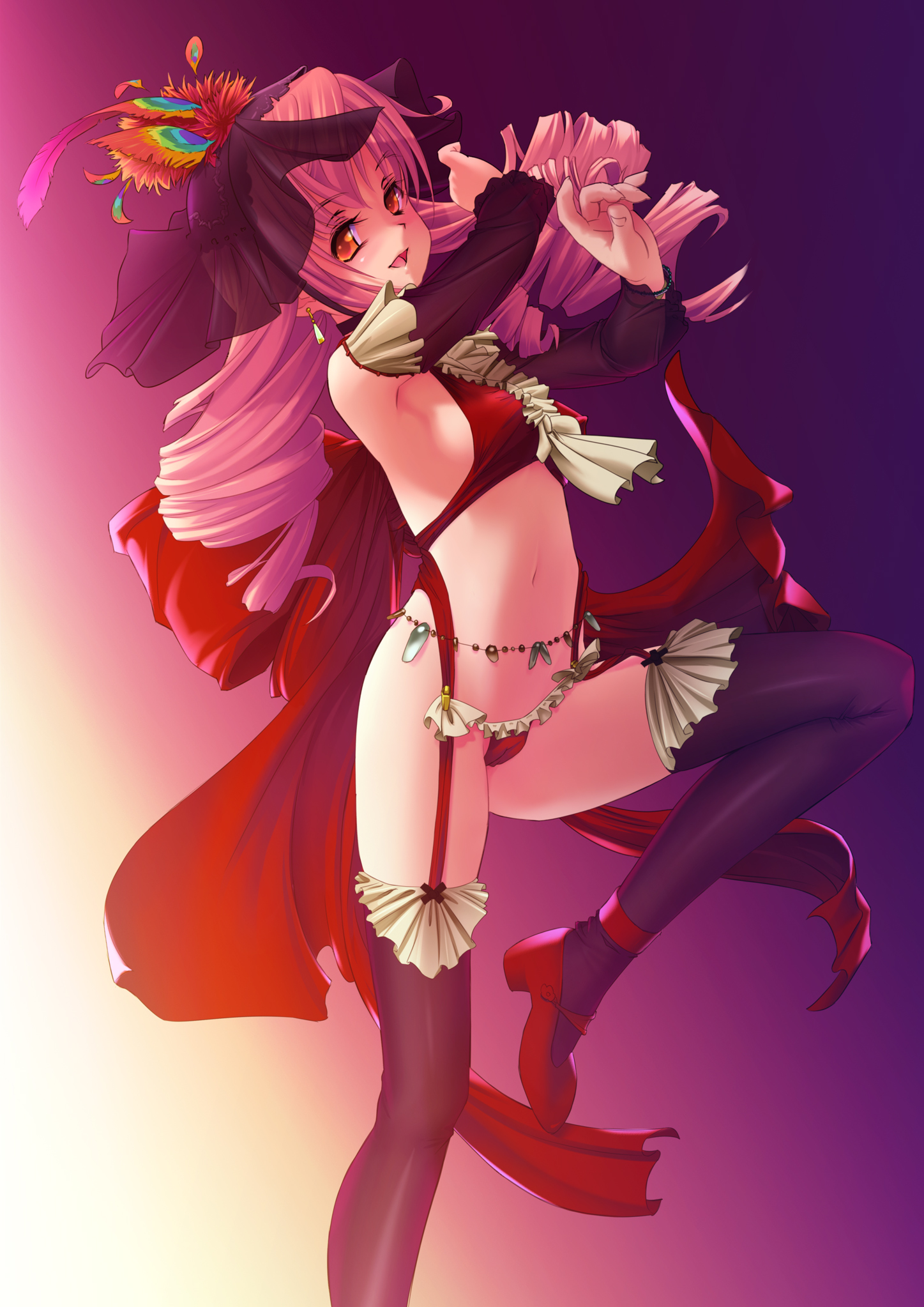 st+1, original, highres, armpits, arms up, bikini, black thighhighs, dancer, detached sleeves, drill hair, earrings, garter straps, jewelry, long hair, orange eyes, pink hair, red bikini, red eyes, shaded face, solo, standing, standing on one leg, swimsuit, thighhighs
