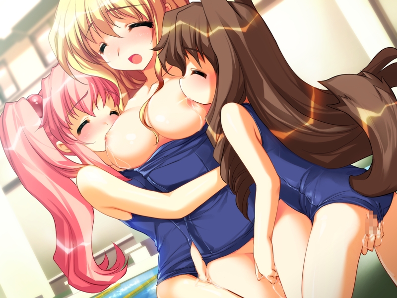 emily (pure dream), maya (wet blue), sera (wet blue), rolling star, wet blue, character request, source request, 3girls, age difference, blonde hair, blush, breast sucking, breasts, brown hair, censored, double breast sucking, fingering, large breasts, loli, long hair, multiple girls, mutual masturbation, nipples, onee-loli, open mouth, pink hair, swimsuit, tail, yuri