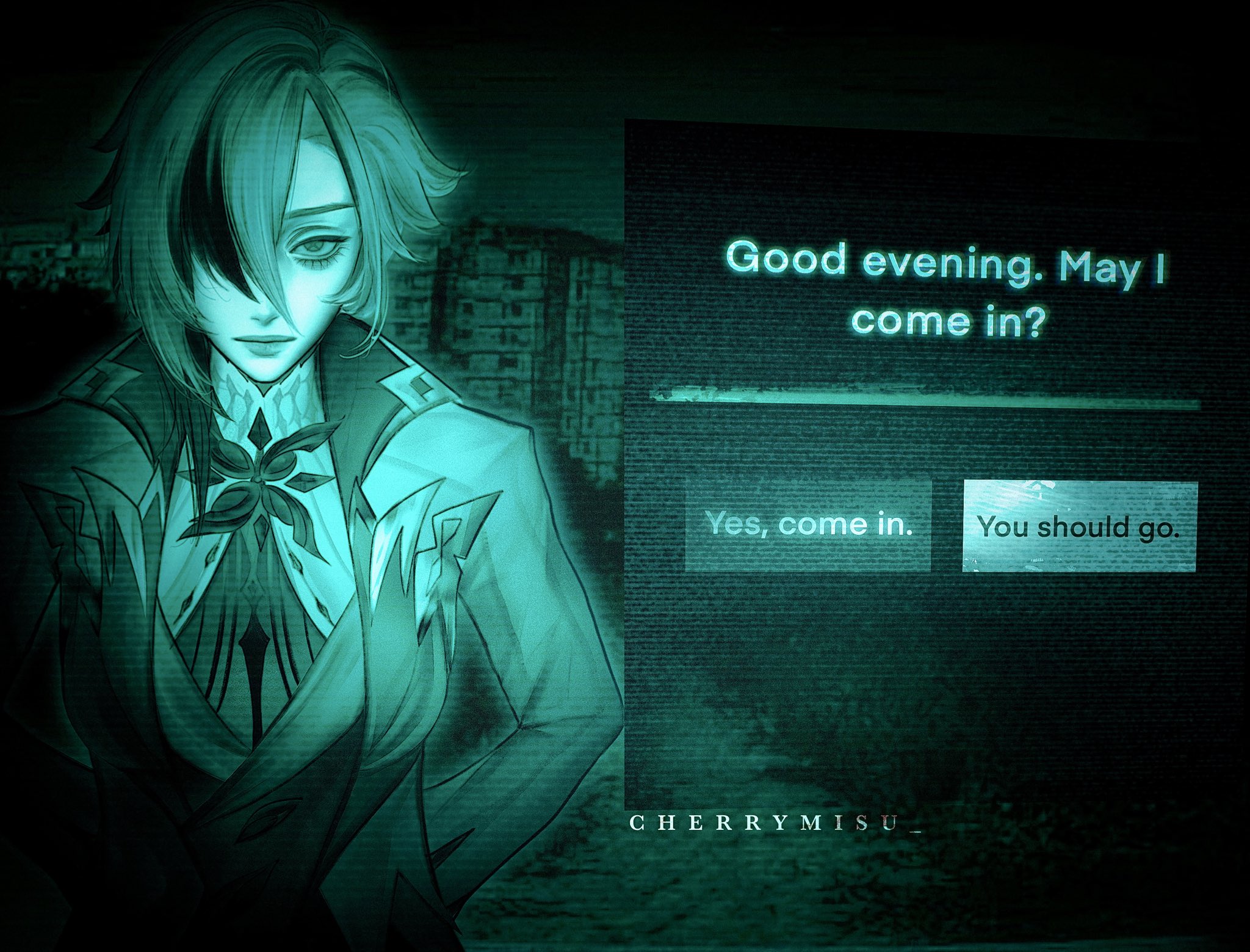 cherrymisu, arlecchino (genshin impact), genshin impact, commentary, english commentary, highres, 1girl, arms behind back, building, closed mouth, english text, gameplay mechanics, green theme, hair between eyes, hair over one eye, high collar, lips, long sleeves, looking at viewer, medium hair, multicolored hair, night, no i'm not a human, outdoors, porch, shirt, solo
