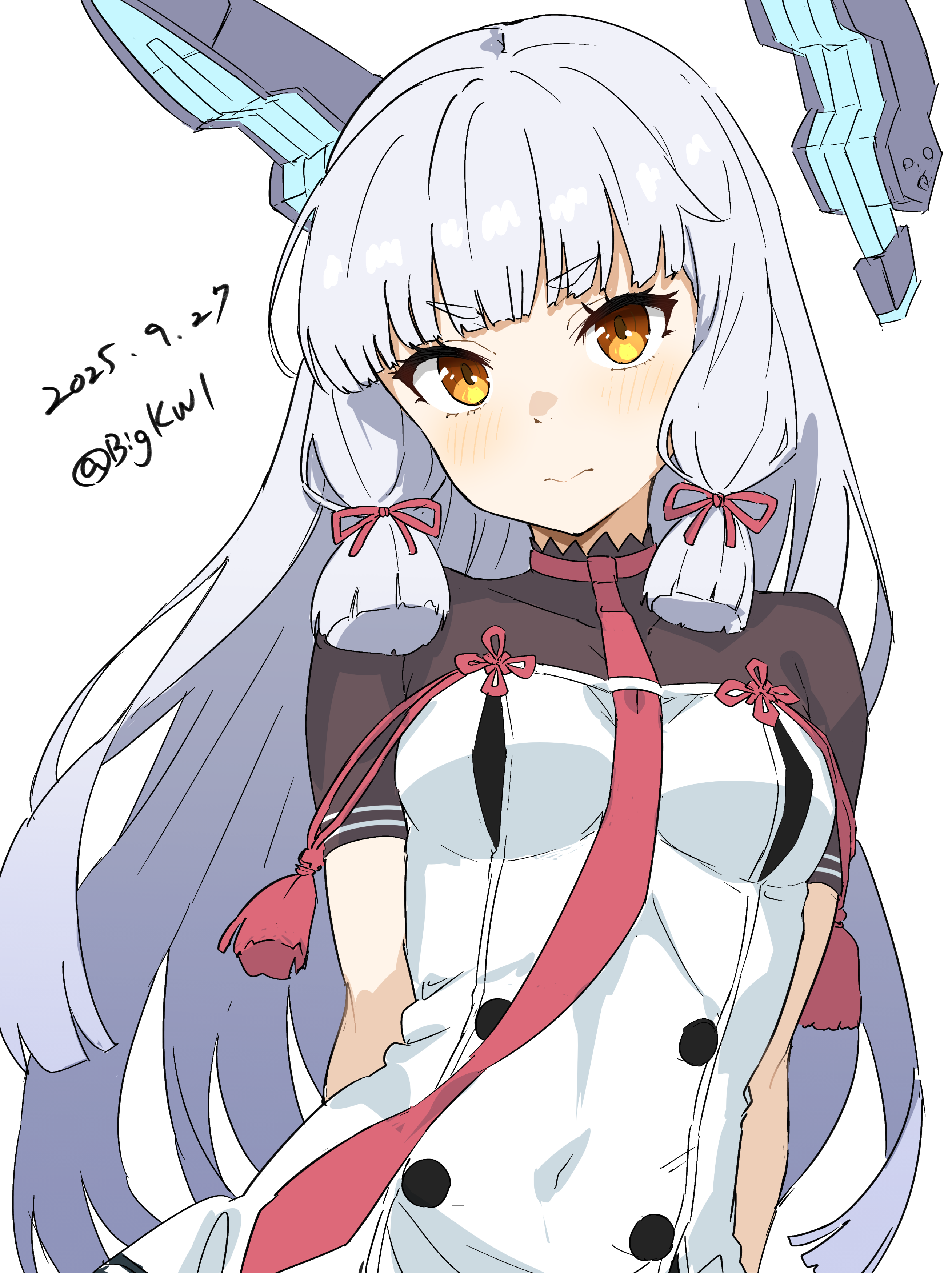 bigkwl, murakumo (kancolle), murakumo kai ni (kancolle), kantai collection, absurdres, highres, 1girl, arms behind back, blunt bangs, breasts, dated, dress, floating headgear, glowing headgear, grey hair, hair ribbon, headgear, long hair, looking at viewer, necktie, one-hour drawing challenge, orange eyes, red necktie, ribbon, sailor dress, short eyebrows, sidelocks, simple background, small breasts, solo, tress ribbon, twitter username, upper body, white background