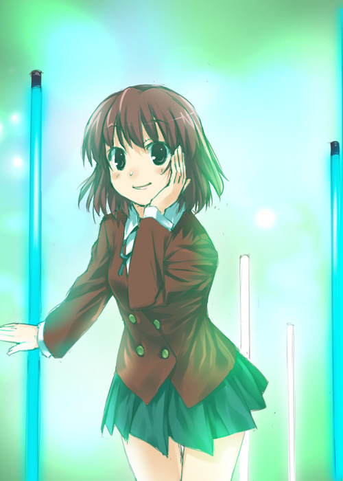 mizuki makoto, kushieda minori, toradora!, 00s, 1girl, black skirt, blazer, blush, brown eyes, cowboy shot, female focus, hand on own cheek, hand on own face, jacket, looking at viewer, pleated skirt, red hair, school uniform, serafuku, short hair, skirt, smile, solo, standing
