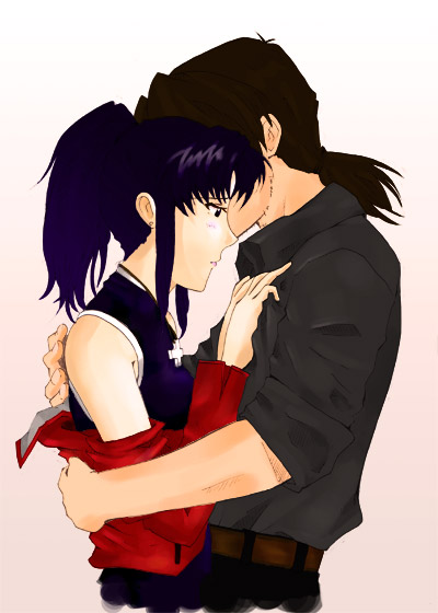 kaji ryouji, katsuragi misato, neon genesis evangelion, 1boy, 1girl, bare shoulders, couple, hetero, hug, jacket, jewelry, necklace, ponytail, purple hair