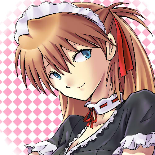 souryuu asuka langley, neon genesis evangelion, artist request, lowres, blue eyes, long hair, looking back, maid, red hair, smile
