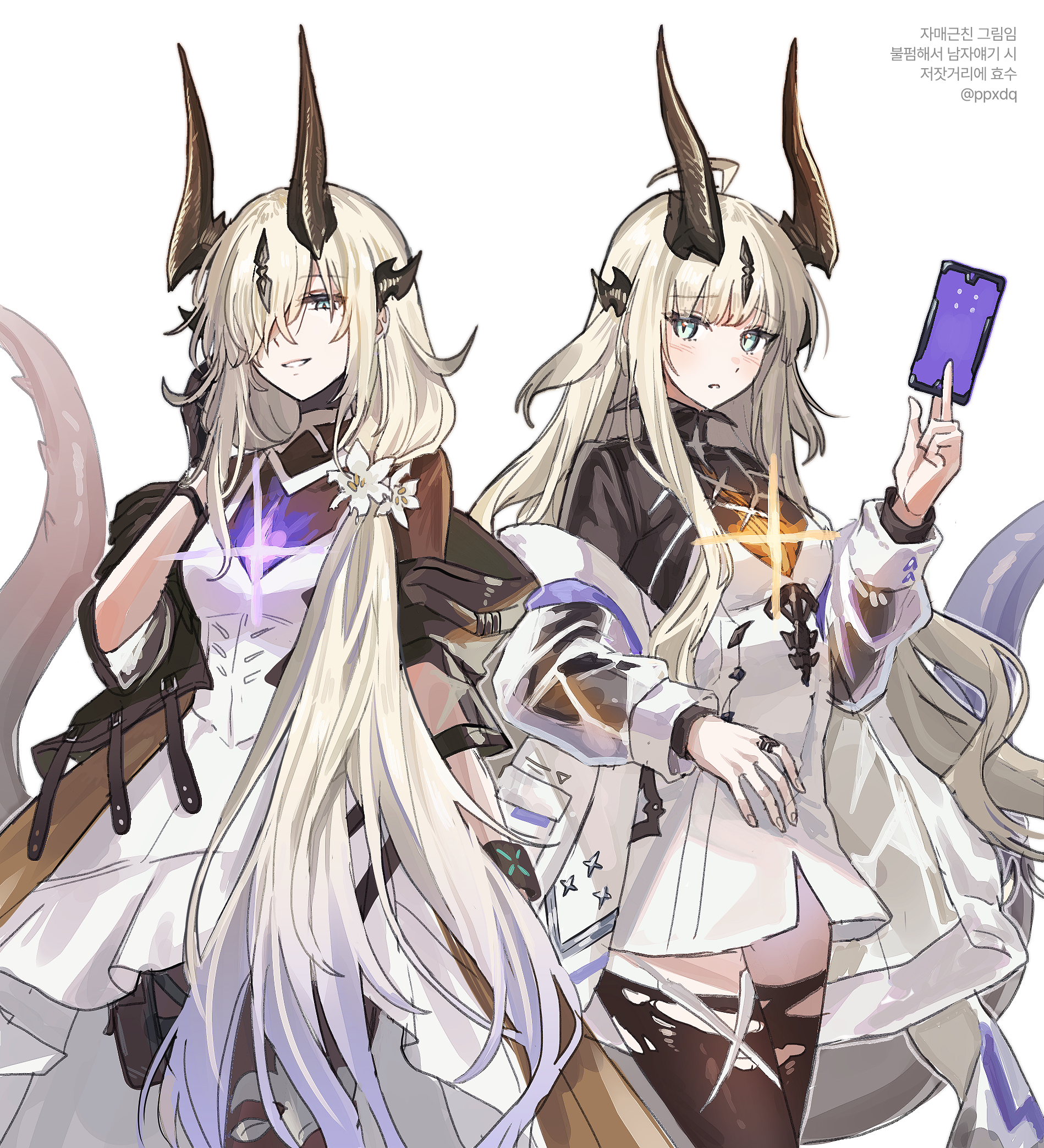 ppxdq, infection monitor (arknights), necrass (arknights), reed (arknights), reed the flame shadow (arknights), arknights, commentary, highres, symbol-only commentary, 2girls, ahoge, between fingers, black gloves, black jacket, black shirt, blonde hair, blush, bodystocking, brown horns, brown thighhighs, cowboy shot, dress, fingernails, flower, gloves, gradient hair, green eyes, grin, hair flower, hair ornament, hair over one eye, hand in own hair, holding, horns, jacket, jewelry, long hair, long sleeves, looking at viewer, multicolored hair, multiple girls, off shoulder, one eye covered, parted lips, purple hair, ring, shirt, siblings, simple background, sisters, smile, smug, standing, sweatdrop, tail, tail raised, thighhighs, torn clothes, torn thighhighs, white background, white dress, white flower, white jacket
