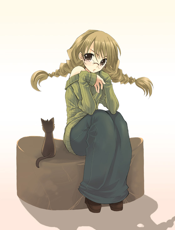 sakurai unan, original, tagme, braid, cat, glasses, solo, twin braids