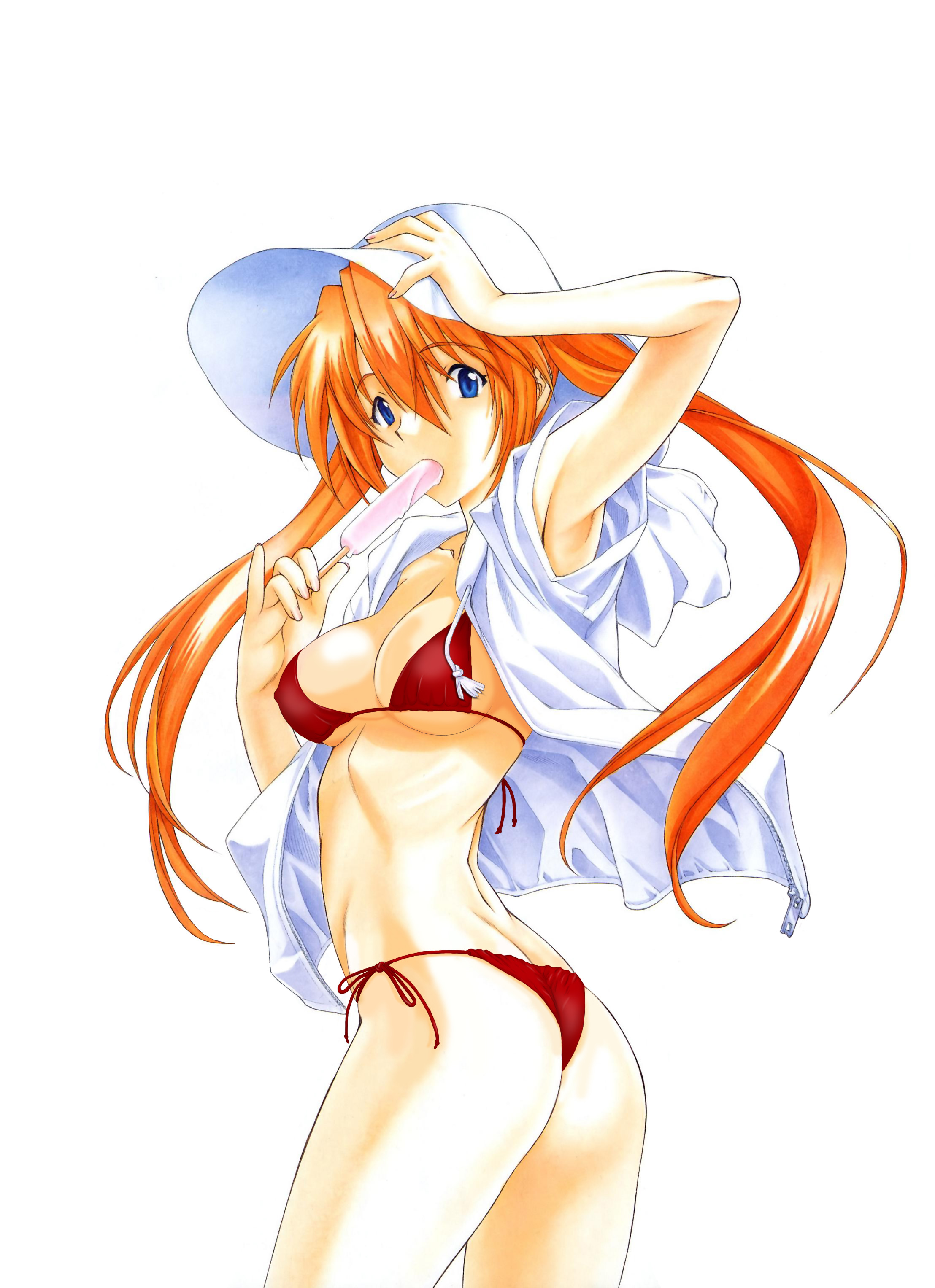 ramiya ryou, utatane hiroyuki, souryuu asuka langley, neon genesis evangelion, neon genesis evangelion anima, alternate breast size, absurdres, highres, official art, scan, 1girl, alternate costume, alternate hairstyle, arm up, armpits, ass, back, bikini, bikini under clothes, blue eyes, breasts, butt crack, cleavage, collarbone, covered erect nipples, cowboy shot, drawstring, eating, female focus, food, from side, hair between eyes, hand on headwear, hand on own head, hat, holding, holding unworn clothes, holding unworn hat, hood, hood down, hoodie, long hair, looking at viewer, looking back, medium breasts, open clothes, open hoodie, open shirt, orange hair, pinky out, popsicle, red bikini, red hair, ribs, shirt, short sleeves, side-tie bikini bottom, simple background, solo, string bikini, sun hat, swimsuit, swimsuit under clothes, thong, thong bikini, twintails, twisted torso, underboob, unworn hat, unworn headwear, unzipped, white background, zipper