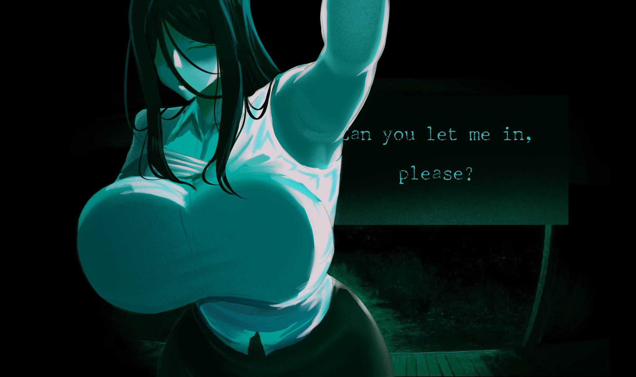 original, hashtag-only commentary, highres, 1girl, against wall, black hair, black skirt, breasts, closed eyes, collared shirt, english text, gameplay mechanics, green theme, hair between eyes, huge breasts, long hair, mole, mole under eye, no i'm not a human, open mouth, orameno, outdoors, porch, pov peephole, reaching, reaching towards viewer, shirt, sidelocks, skirt, sleeveless, sleeveless shirt, solo, white shirt