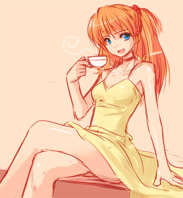 kakaon, souryuu asuka langley, neon genesis evangelion, non-web source, 1girl, bare shoulders, blue eyes, cup, dress, female focus, long hair, red hair, sitting, sketch, skirt, smile, solo, tea, yellow dress, yellow skirt