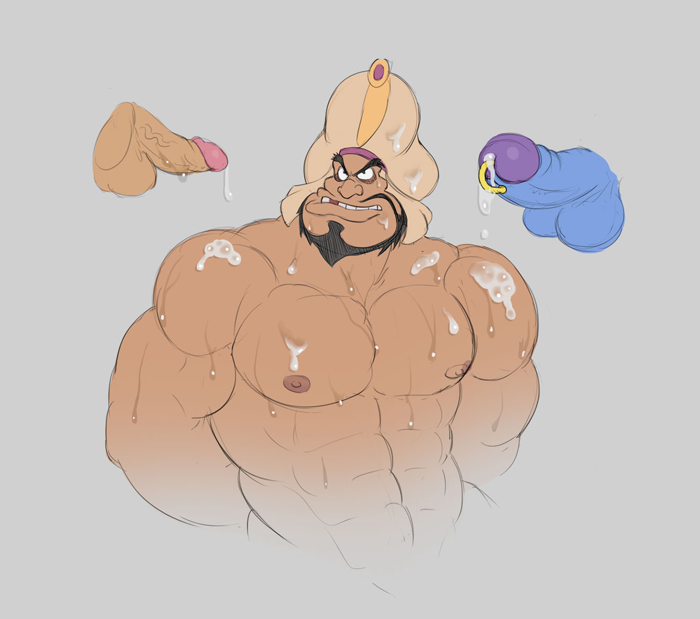 overarc, aladdin (movie), bad id, bad pixiv id, 1boy, abs, arms behind back, bara, beard, black hair, blue skin, colored skin, cum, cum on body, cum on male, cum on pectorals, disembodied penis, erection, facial hair, large pectorals, male focus, missing tooth, muscular, muscular male, nipples, pectorals, penis, penis piercing, piercing, prince albert, razoul (aladdin), solo focus, testicles, yaoi