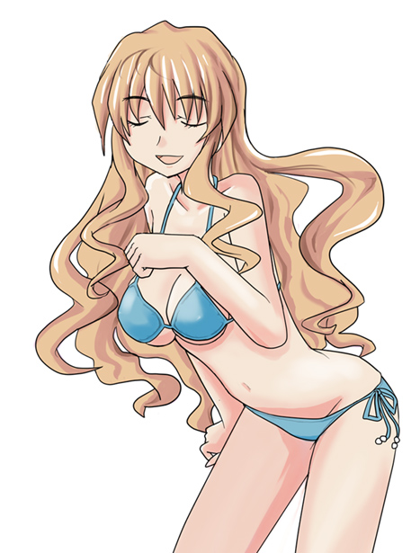 hottan!, ookouchi shino, kannagi, 00s, 1girl, bikini, blue bikini, breasts, cleavage, closed eyes, cowboy shot, female focus, leaning forward, long hair, medium breasts, open mouth, side-tie bikini bottom, simple background, solo, swimsuit, white background
