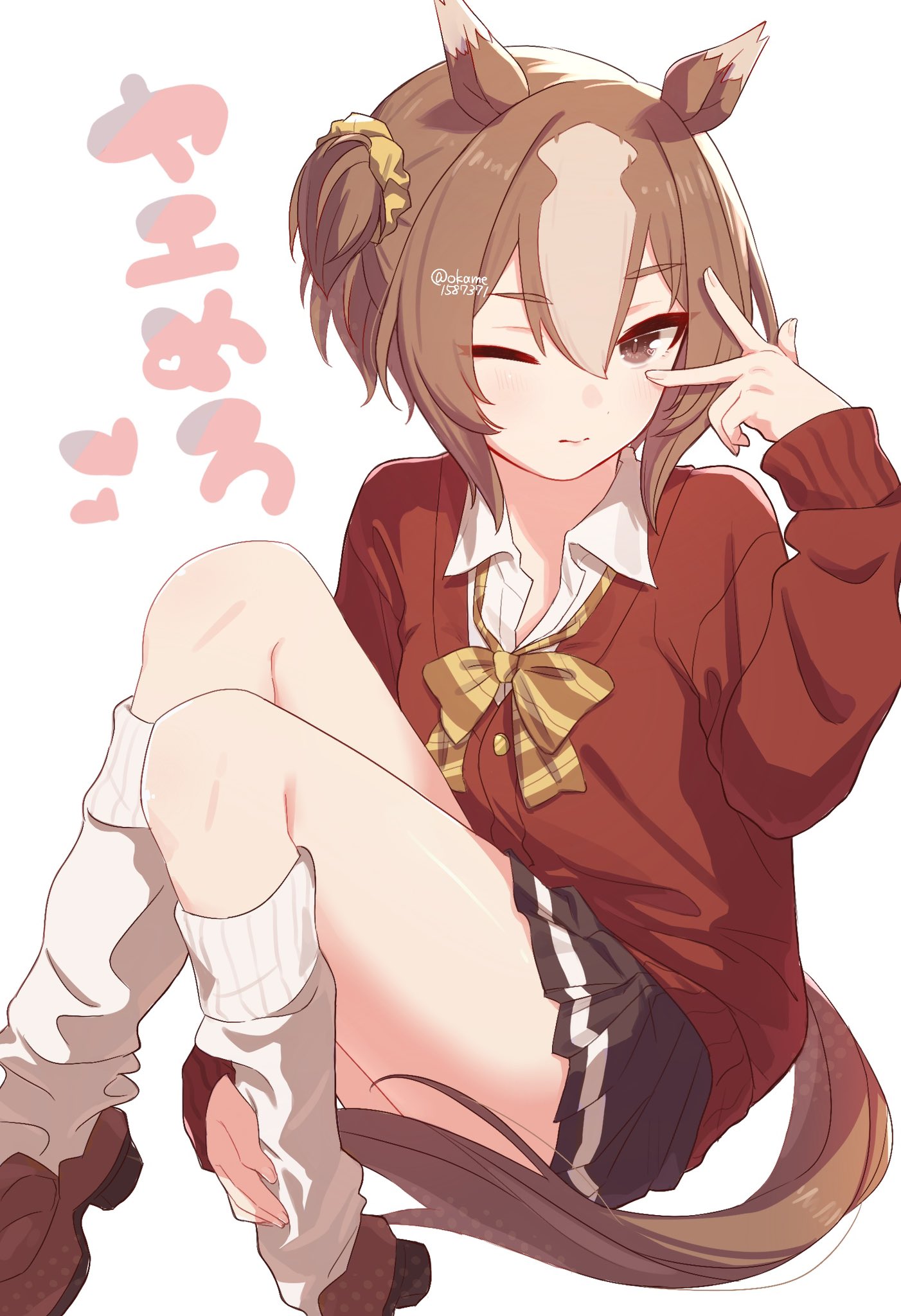 bukeo, yaeno muteki (umamusume), umamusume, commentary request, highres, 1girl, alternate costume, animal ears, black skirt, bow, bowtie, brown eyes, brown hair, cardigan, closed mouth, fox ears, fox girl, fox tail, gyaru, hair between eyes, hair ornament, hair scrunchie, knees up, looking at viewer, one side up, plaid bow, plaid bowtie, plaid clothes, pleated skirt, red cardigan, scrunchie, shirt, short hair, simple background, skirt, socks, solo, tail, thighs, w, w over eye, white background, white shirt, white socks, white streaks, yellow bow, yellow bowtie, yellow scrunchie