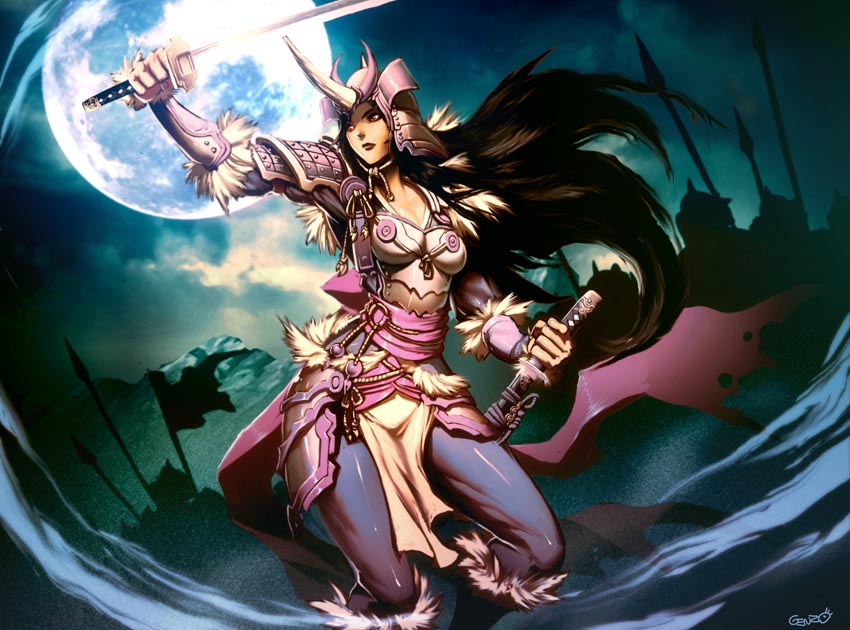 genzoman, legend of the five rings, tsukuyomi moonphase, 00s, 1girl, armor, female focus, katana, l5r, samurai, solo, sword, unicorn clan, weapon