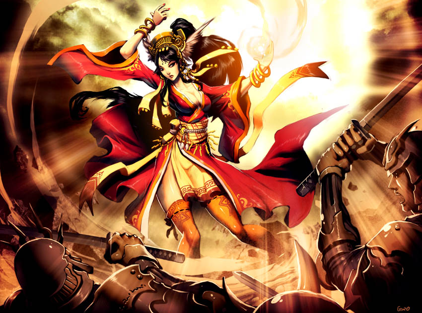 genzoman, legend of the five rings, 1girl, ameterasu, armor, battle, black hair, bracelet, breasts, cleavage, helmet, japanese clothes, jewelry, long hair, magic, phoenix clan, ponytail, solo focus, sword, thighhighs, weapon