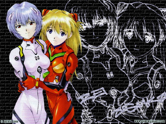 yamaguchi yasushi, ayanami rei, souryuu asuka langley, neon genesis evangelion, arm grab, 2006, 2girls, arm around waist, blonde hair, blue eyes, blue hair, bodysuit, breasts, brick wall, cowboy shot, dated, from side, gloves, hair between eyes, hair ornament, hug, light smile, lineart, long hair, looking at viewer, mecha pilot suit, monochrome background, multiple girls, pale skin, plugsuit (evangelion), red eyes, short hair, skinny, small breasts, smile, turtleneck, watermark, web address, zoom layer