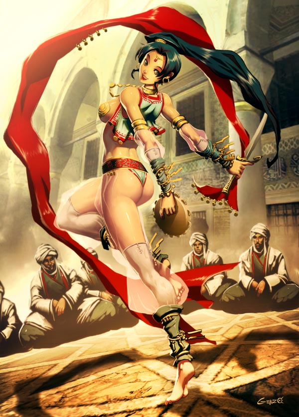 genzoman, morgiana (ali baba), ali baba and the forty thieves, original, 1girl, 5boys, :d, arabian clothes, armlet, arms behind back, artist name, ass, back, barefoot, black hair, breasts, circlet, crop top, dancer, dancing, detached sleeves, earrings, floating hair, from side, full body, gypsy, holding, hoop earrings, instrument, jewelry, kneepits, large breasts, leg lift, legs, long hair, long legs, looking at viewer, looking back, lots of jewelry, multiple boys, neck ring, necklace, open clothes, open mouth, open vest, pasties, see-through clothes, shawl, side ponytail, sideboob, signature, sitting, smile, solo focus, standing, standing on one leg, sword, tambourine, thighhighs, thong, tiptoes, turban, very long hair, vest, weapon