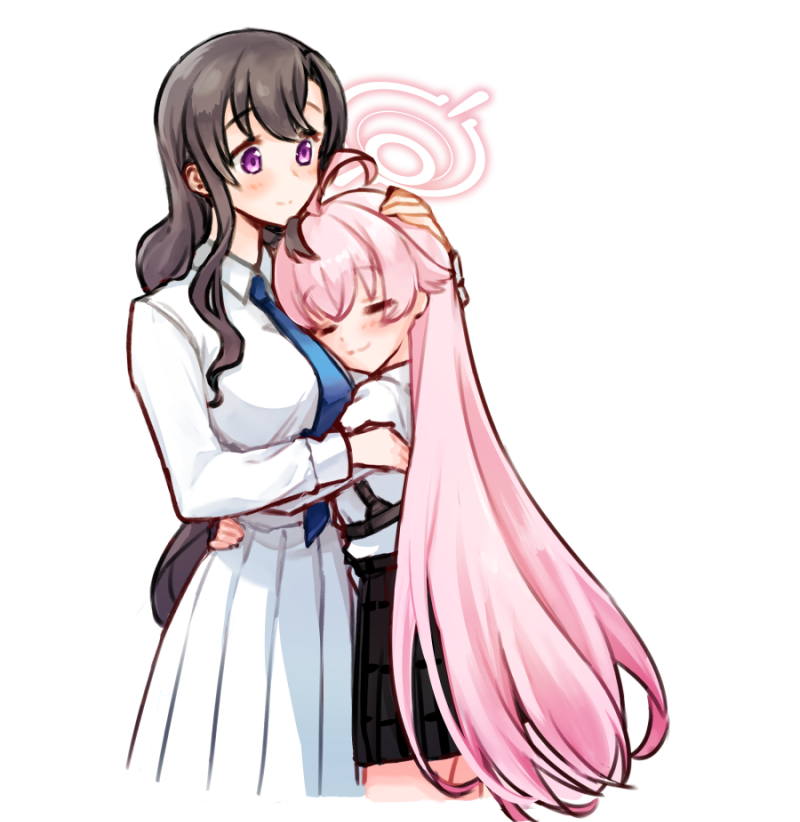 rarasa (rarasa), female sensei (blue archive), hoshino (blue archive), sensei (blue archive), blue archive, 2girls, ahoge, black hair, black skirt, blue necktie, closed eyes, closed mouth, from side, halo, hand on another's head, hug, long hair, long sleeves, multiple girls, necktie, pink hair, pink halo, purple eyes, shirt, simple background, skirt, smile, very long hair, white background, white shirt, yuri