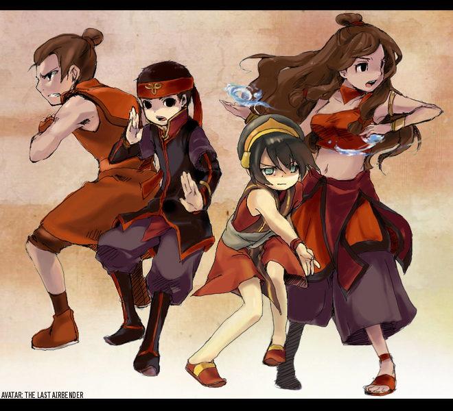 aang, katara, sokka, toph beifong, avatar: the last airbender, avatar legends, nickelodeon, 2boys, 2girls, armband, black hair, blind, bracelet, brown hair, everyone, hairband, headband, hydrokinesis, jewelry, long hair, magic, midriff, multiple boys, multiple girls, short hair, topknot, water