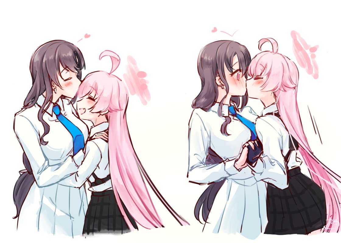 rarasa (rarasa), female sensei (blue archive), hoshino (blue archive), sensei (blue archive), blue archive, 2girls, ahoge, black gloves, black hair, black skirt, blue necktie, blush, from side, gloves, halo, heart, holding hands, interlocked fingers, kiss, long hair, long sleeves, multiple girls, multiple views, necktie, open mouth, pink hair, pink halo, purple eyes, shirt, simple background, skirt, smile, very long hair, white background, white shirt, yuri