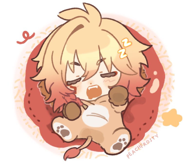 peachfrosty, mydei (honkai: star rail), honkai: star rail, honkai (series), commentary, english commentary, 1boy, animal costume, artist name, blonde hair, braid, chibi, chibi only, closed mouth, gradient hair, lion costume, lying, male focus, multicolored hair, on back, onesie, open mouth, red hair, side braid, sleeping, solo