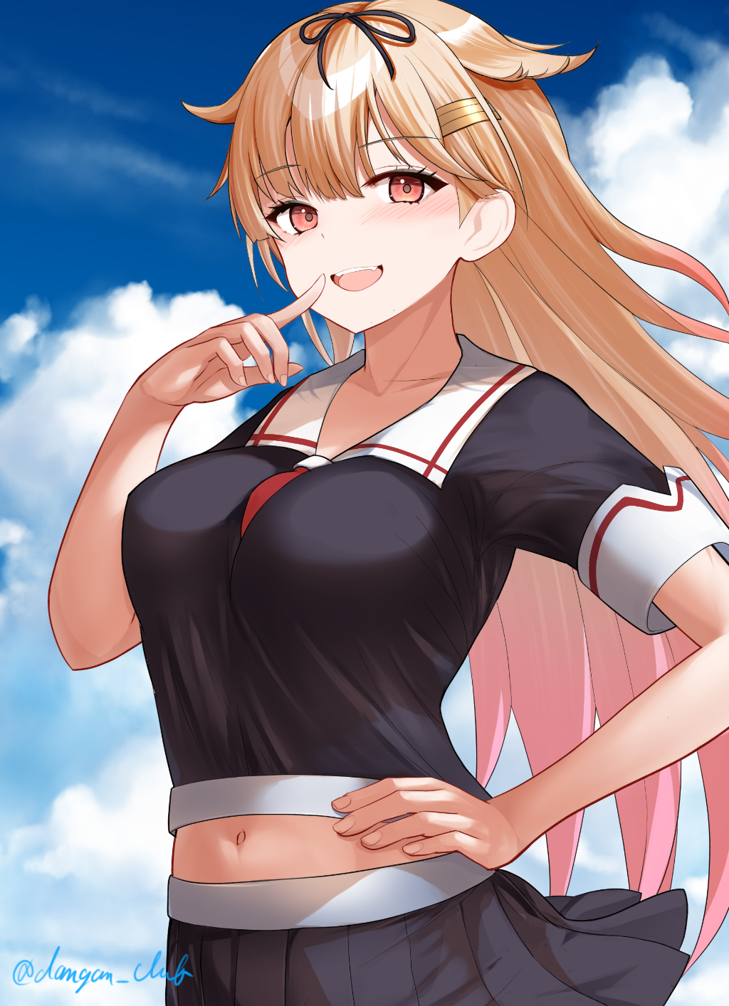 dangan kurabu, yuudachi (kancolle), yuudachi kai ni (kancolle), kantai collection, highres, 1girl, black serafuku, black shirt, black skirt, blonde hair, blue sky, breasts, cloud, finger to mouth, hair flaps, hair ornament, hairclip, hand on own hip, hand up, index finger raised, long hair, looking at viewer, medium breasts, midriff, navel, open mouth, pleated skirt, red eyes, school uniform, serafuku, shirt, short sleeves, skirt, sky, smile, solo, twitter username, upper body