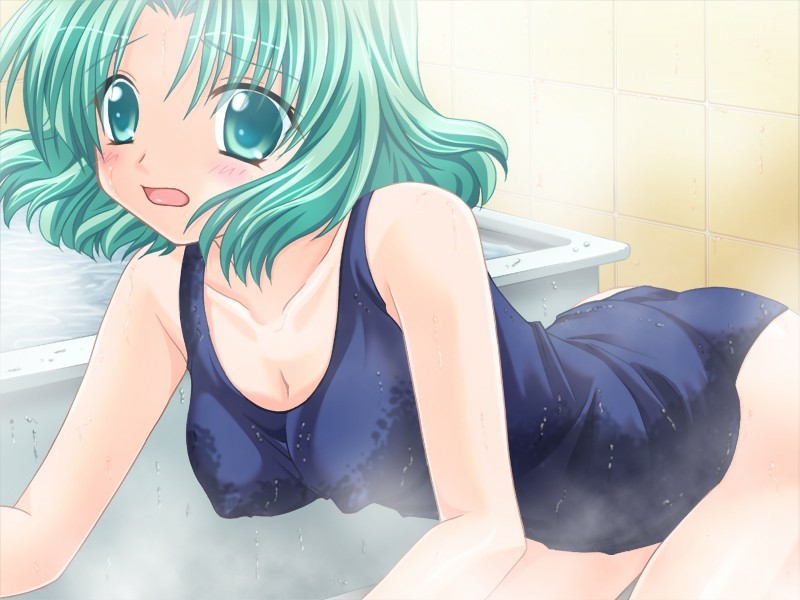 sugitaka aoya, kyun kyun dou, game cg, 1girl, bathroom, bathtub, female focus, green eyes, green hair, matching hair/eyes, one-piece swimsuit, school swimsuit, short hair, solo, steam, swimsuit, wet