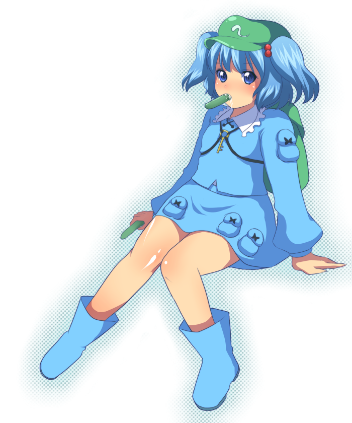 higashi yuzu, kawashiro nitori, touhou, bad id, bad pixiv id, 1girl, backpack, bag, blue eyes, blue hair, blush, cucumber, female focus, hair bobbles, hair ornament, hat, key, matching hair/eyes, randoseru, solo, twintails, two side up, yuyune (pixiv)