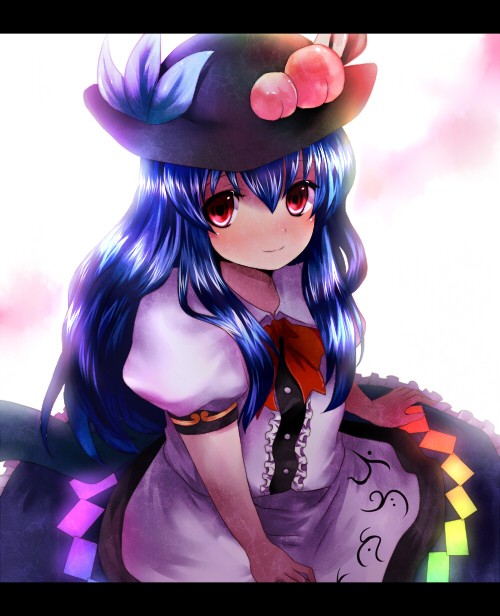 higashi yuzu, hinanawi tenshi, touhou, bad id, bad pixiv id, 1girl, blue hair, blush, female focus, food, fruit, hat, letterboxed, peach, red eyes, sitting, solo, white background, yuyune (pixiv)