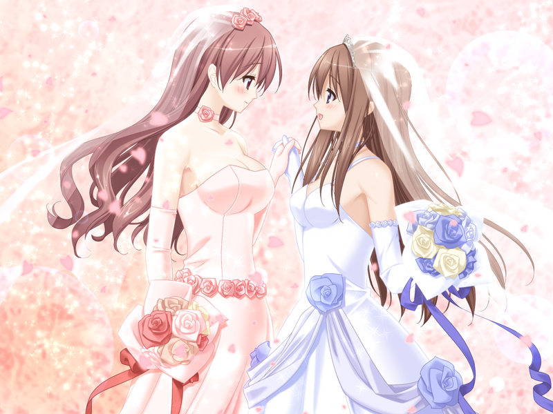 kani biimu, kitajima kaede, kitajima sara, fuguriya, sono hanabira ni kuchizuke wo, game cg, 2girls, bouquet, breasts, bride, cleavage, cousins, dress, flower, incest, large breasts, long hair, medium breasts, multiple girls, wedding dress, wife and wife, yuri