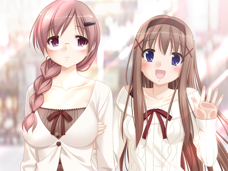kani biimu, kitajima kaede, kitajima sara, fuguriya, sono hanabira ni kuchizuke wo, game cg, 2girls, braid, breasts, cousins, glass, glasses, large breasts, long hair, medium breasts, multiple girls, ponytail, window, yuri