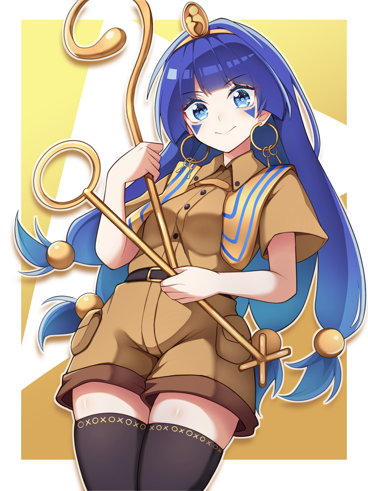 keyaki chimaki, michigami nareko, touhou, commentary request, highres, 1girl, belt, black belt, black thighhighs, blue eyes, blue hair, brown shirt, brown shorts, cowboy shot, earrings, facial mark, headpiece, holding, holding scepter, holding staff, hoop earrings, jewelry, key earrings, light blush, long hair, looking at viewer, looking down, scepter, shirt, short sleeves, shorts, smile, solo, staff, striped capelet, thighhighs, triangle, triangle facial mark, yellow background