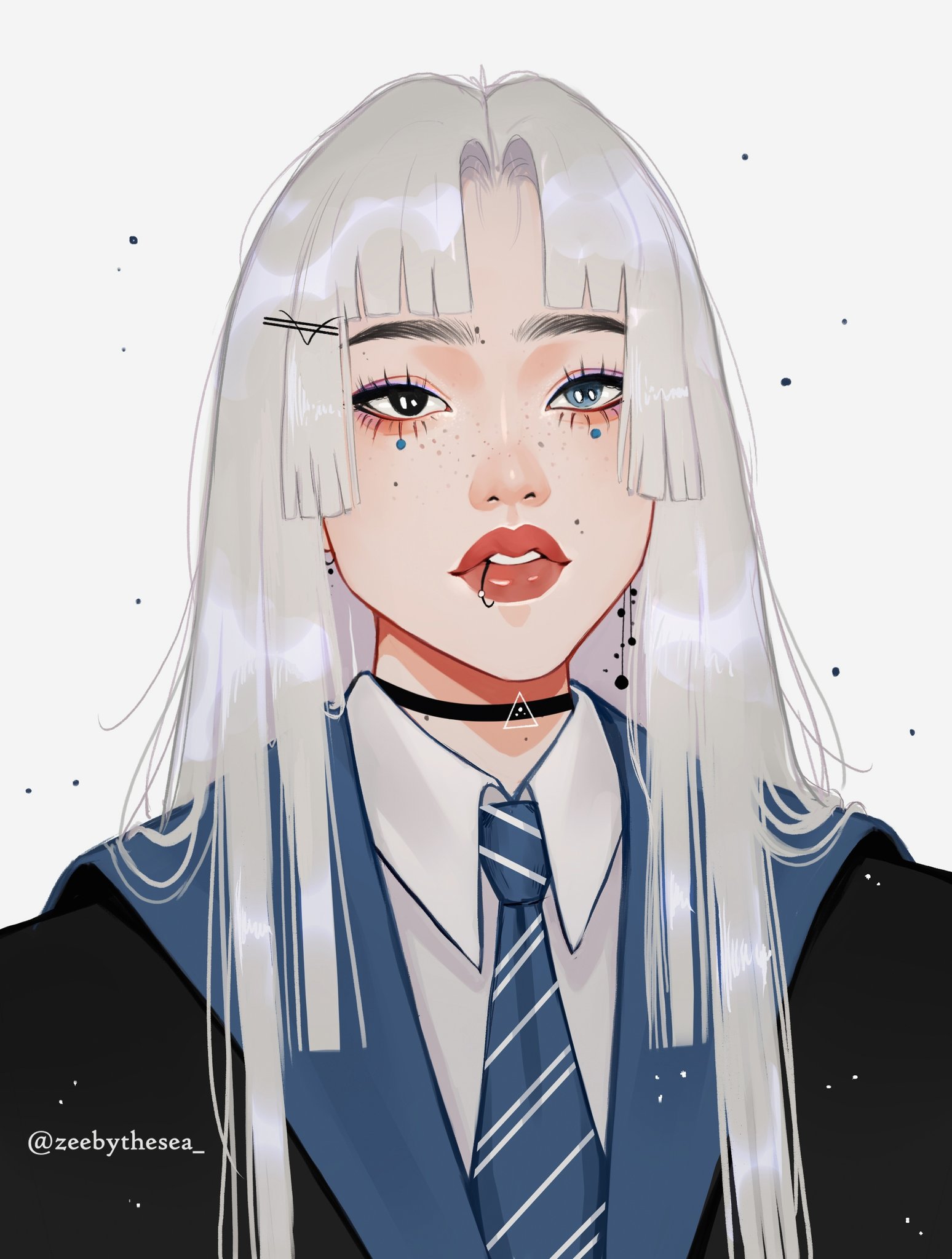 zeebythesea, original, highres, 1girl, aegyo sal, asian, black choker, black coat, black eyes, blue eyes, blue necktie, blunt ends, choker, coat, collared shirt, earrings, eyelashes, eyeliner, face piercing, hair ornament, hair over shoulder, hairclip, heterochromia, hime cut, hogwarts school uniform, jewelry, lip piercing, long hair, looking at viewer, makeup, mole, mole on cheek, mole on forehead, mole on neck, mole under each eye, mole under eye, multiple moles, necktie, parted bangs, piercing, portrait, purple eyeliner, ravenclaw, ring piercing, school uniform, shirt, straight hair, thick eyebrows, thick lips, twitter username, white background, white hair, white shirt