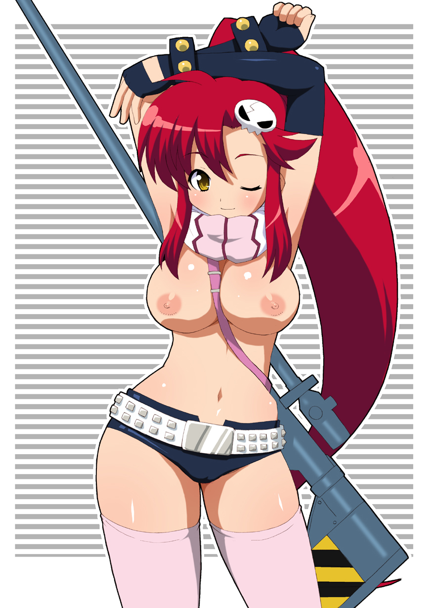 shishimaru ken'ya, yoko littner, tengen toppa gurren lagann, highres, 00s, 1girl, anti-materiel rifle, breasts, elbow gloves, female focus, fingerless gloves, gloves, gun, large breasts, long hair, nipples, one eye closed, ponytail, red hair, rifle, scarf, short shorts, shorts, sniper rifle, solo, striped clothes, striped scarf, thighhighs, topless female, weapon, wink, yellow eyes