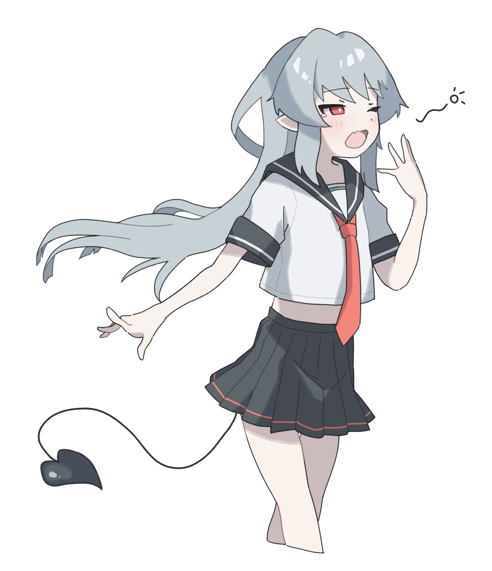 original, commentary, highres, 1girl, :/, black sailor collar, black skirt, bright pupils, cropped shirt, demon tail, dot nose, fang, feet out of frame, flat chest, from side, grey hair, hand up, light blush, long hair, midriff peek, miniskirt, necktie, one eye closed, open mouth, pleated skirt, pointy ears, red eyes, red necktie, sailor collar, school uniform, serafuku, shirt, short sleeves, sidelocks, simple background, skin fang, skirt, solo, squeans, straight hair, tail, tearing up, tetetaco, usamimi kuroi (tetetaco), very long hair, white background, white serafuku, white shirt, wide sleeves, yawning