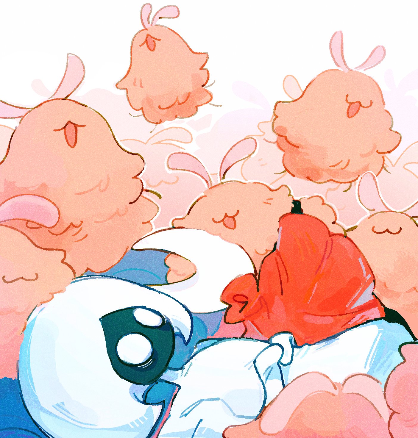 hmri fe, flea (hollow knight), hornet (hollow knight), lace (hollow knight), hollow knight, hollow knight: silksong, hashtag-only commentary, highres, 2girls, 500 dollar four foot tall mareep (meme), 6+others, :3, arthropod girl, black skin, blank eyes, cloak, colored skin, dress, holding, holding bug, hollow eyes, horned mask, horns, hug, lying, mask, meme, multiple girls, multiple others, no mouth, open mouth, red cloak, white background, white dress, white eyes, white mask