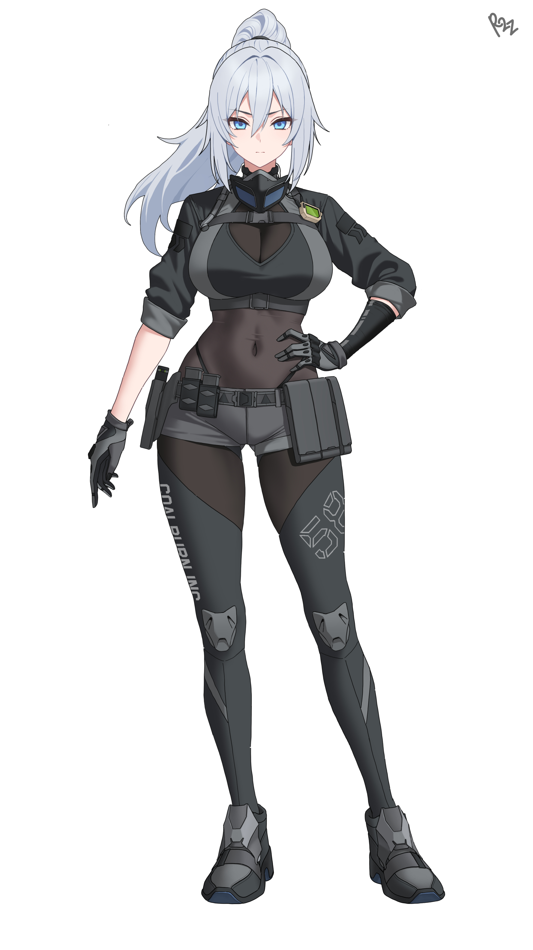 dhokidoki, original, absurdres, commission, highres, 1girl, black gloves, black shirt, black thighhighs, blue eyes, breasts, cleavage, closed mouth, contrapposto, covered navel, crop top, full body, gloves, grey shorts, hair between eyes, hand on own hip, large breasts, long hair, long sleeves, looking at viewer, mask, mask around neck, ponytail, see-through cleavage, see-through clothes, shirt, short shorts, shorts, simple background, solo, standing, thighhighs, white background, white hair