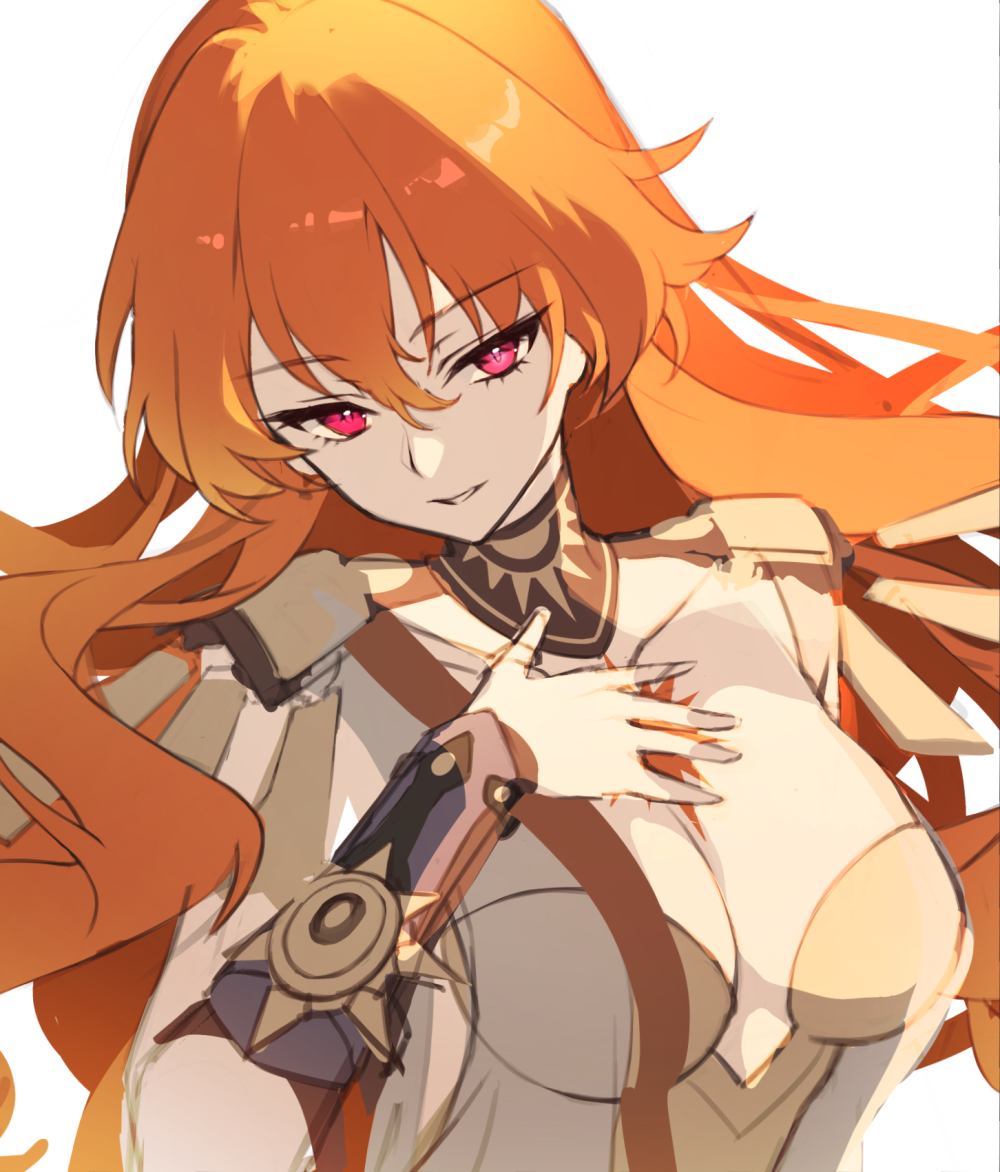 kyjsogom, augusta (wuthering waves), wuthering waves, commentary, 1girl, arm armor, armor, black collar, breastplate, breasts, collar, hair between eyes, hand on own chest, large breasts, long hair, looking at viewer, orange hair, parted lips, red eyes, simple background, smile, solo, upper body, white background