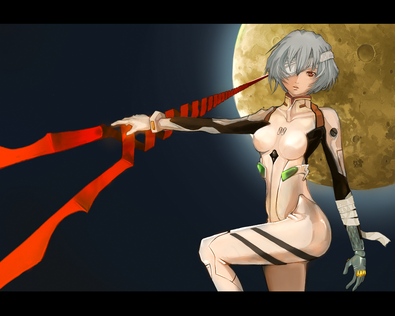 kaworu, ayanami rei, neon genesis evangelion, 1girl, bandages, bident, blue hair, bodysuit, eyepatch, female focus, lance of longinus (evangelion), mecha pilot suit, plugsuit (evangelion), polearm, short hair, solo, spear, weapon