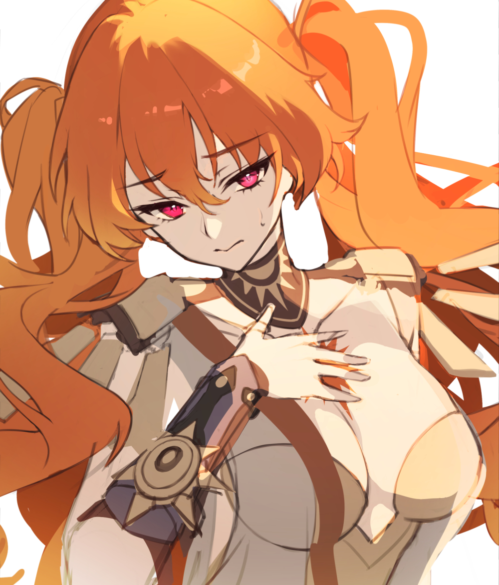 kyjsogom, augusta (wuthering waves), wuthering waves, commentary, 1girl, alternate hairstyle, arm armor, armor, black collar, breastplate, breasts, closed mouth, collar, hair between eyes, hand on own chest, large breasts, long hair, looking at viewer, orange hair, red eyes, simple background, solo, sweatdrop, twintails, upper body, white background