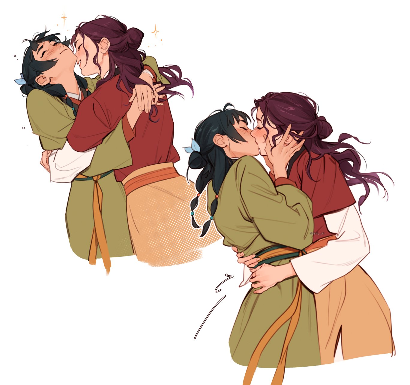 lesly oh, maomao (kusuriya no hitorigoto), shisui (kusuriya no hitorigoto), kusuriya no hitorigoto, commentary, english commentary, highres, 2girls, black hair, closed eyes, closed mouth, dress, freckles, green dress, hand on another's face, hands on another's waist, kiss, layered sleeves, long hair, long sleeves, multiple girls, red hair, red shirt, shirt, short over long sleeves, short sleeves, simple background, skirt, sparkle, white background, yellow skirt, yuri