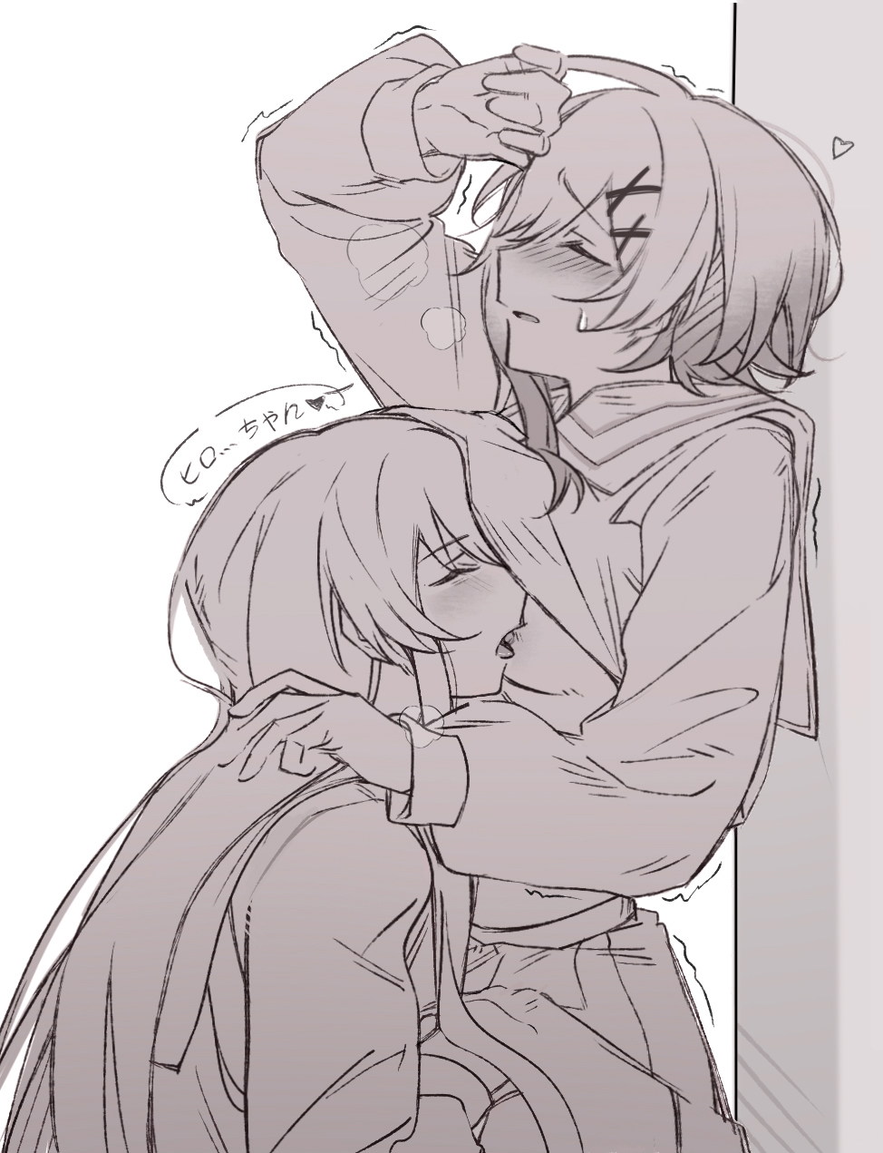 nikaidou hiro, sakuraba ema, mahou shoujo no majo saiban, highres, translation request, 2girls, blush, closed eyes, heart, heihuamu1, implied fingering, licking, licking nipple, long hair, long sleeves, multiple girls, nipple stimulation, open mouth, parted lips, pleated skirt, school uniform, serafuku, short hair, skirt, speech bubble, sweat, trembling, yuri