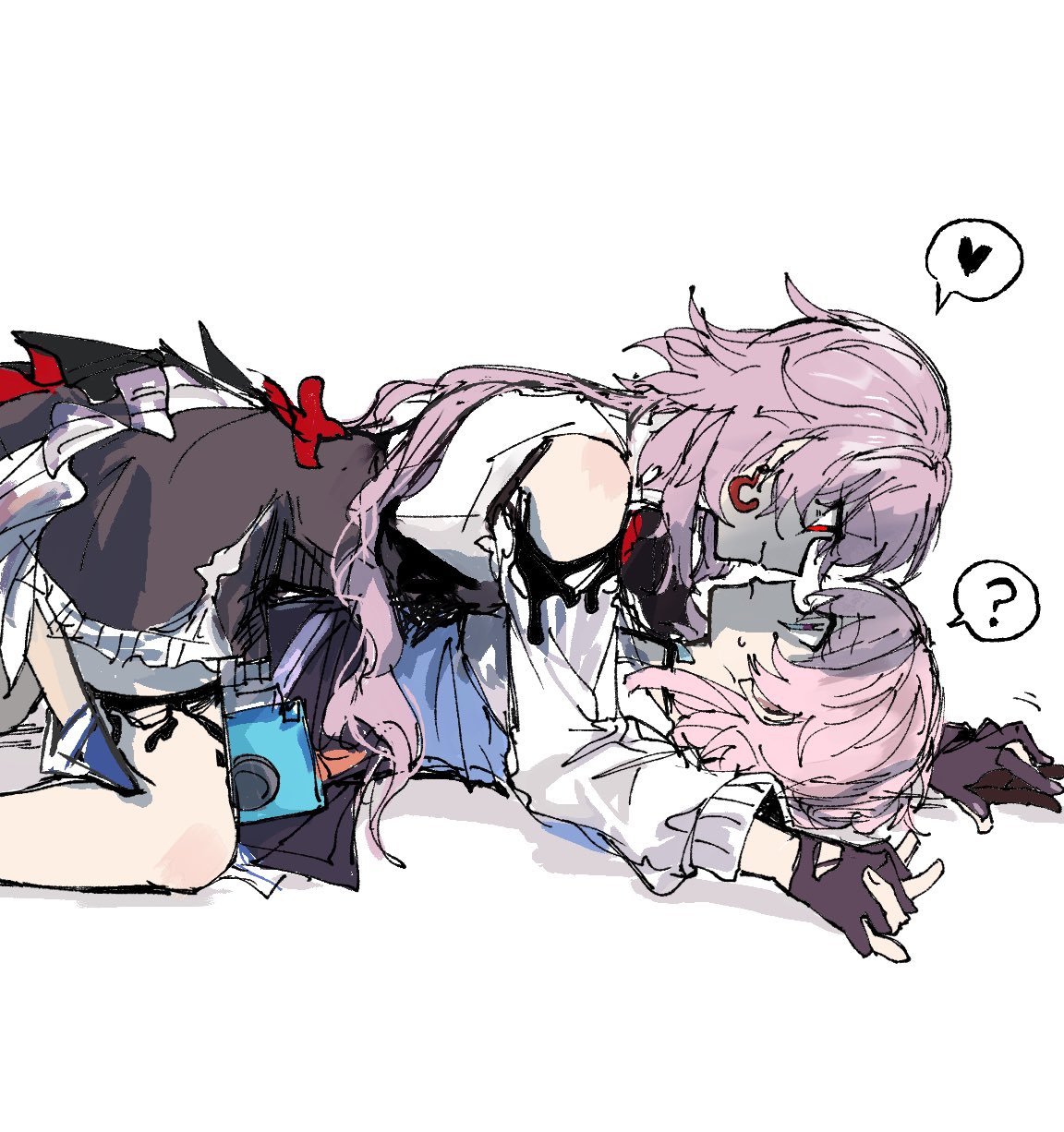 tenpe ee, evernight (honkai: star rail), march 7th (honkai: star rail), honkai: star rail, honkai (series), commentary request, highres, 2girls, ?, black gloves, black skirt, closed mouth, eye contact, fingerless gloves, gloves, heart, long hair, looking at another, multiple girls, pink hair, red eyes, selfcest, shirt, simple background, skirt, smile, spoken heart, spoken question mark, straddling, sweat, white background, white shirt, yuri