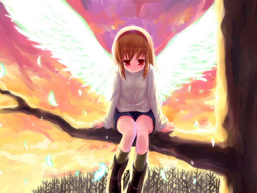 minamura haruki, tsukimiya ayu, kanon, 1girl, brown hair, female focus, hairband, in tree, red eyes, short hair, sitting, sitting in tree, solo, spread wings, sunset, sweater, tree, wings