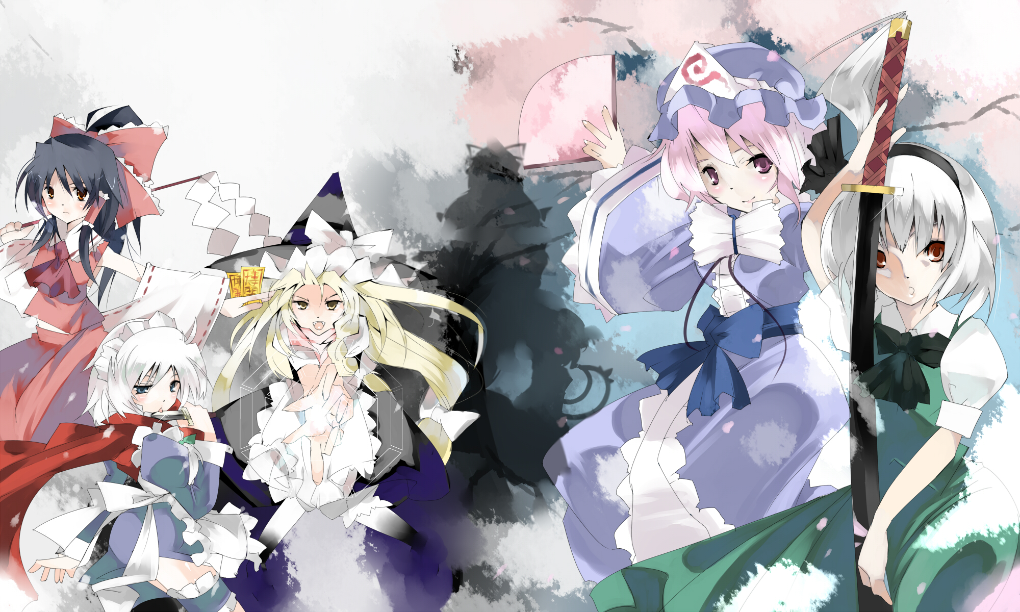 blaze (blazeillust), chen, hakurei reimu, izayoi sakuya, kirisame marisa, konpaku youmu, saigyouji yuyuko, yakumo ran, yakumo yukari, perfect cherry blossom, touhou, silver hair, bad id, bad pixiv id, highres, 6+girls, :o, black hair, blonde hair, braid, female focus, folding fan, gohei, hand fan, hat, japanese clothes, katana, kimono, knife, licking, long hair, magic, maid, miko, multiple girls, pink hair, ribbon, scarf, sheath, sheathed, short hair, silhouette, smile, sword, throwing knife, weapon, witch, witch hat