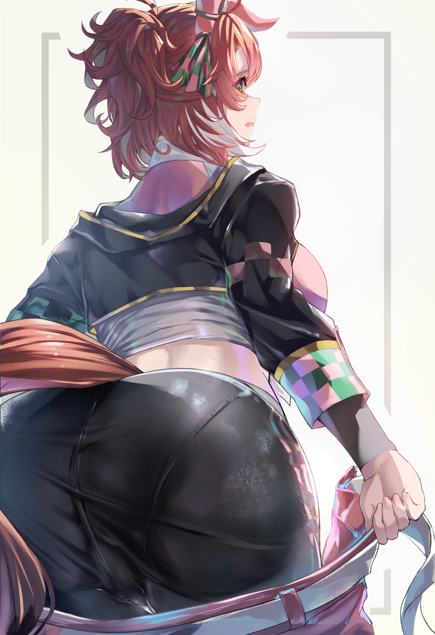 kiraboshi (kiraboshi-1025), dantsu flame (umamusume), umamusume, commentary request, highres, 1girl, animal ears, ass, black shrug, blush, brown eyes, brown hair, brown tail, hooded shrug, horse ears, horse girl, horse tail, long sleeves, looking at viewer, looking back, medium hair, midriff, open mouth, pantylines, pink shirt, ponytail, shirt, shrug (clothing), sideways glance, solo, tail