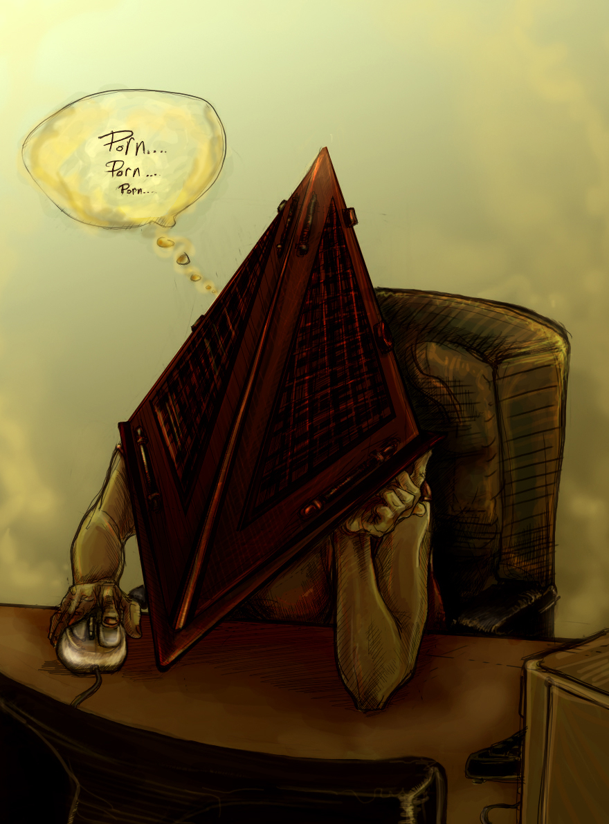 pyramid head, silent hill, silent hill (movie), silent hill (series), silent hill 2, 1boy, artistic error, chair, computer, desk, english text, extra digits, helmet, internet, male focus, monster, mousepad (object), pornography, solo, speech bubble, thinking, thought bubble, topless male, viewing pornography