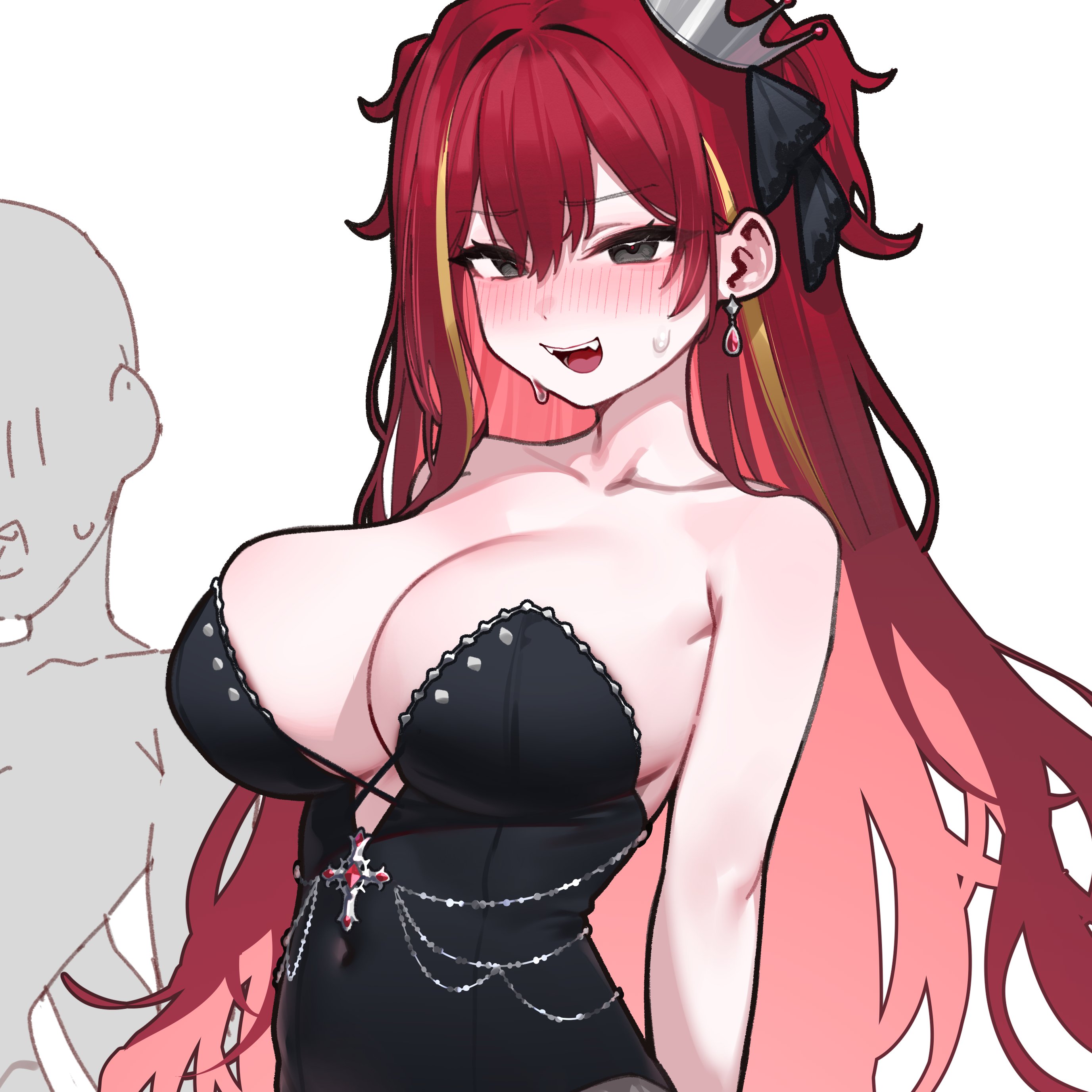 sangobob, akane lize, stellive, absurdres, highres, 1girl, 1other, bare arms, bare shoulders, black eyes, black leotard, breasts, cleavage, collarbone, covered navel, crown, earrings, fangs, jewelry, large breasts, leotard, long hair, looking at viewer, mini crown, multicolored hair, open mouth, red hair, simple background, smile, solo focus, strapless, strapless leotard, streaked hair, sweatdrop, upper body, virtual youtuber, white background