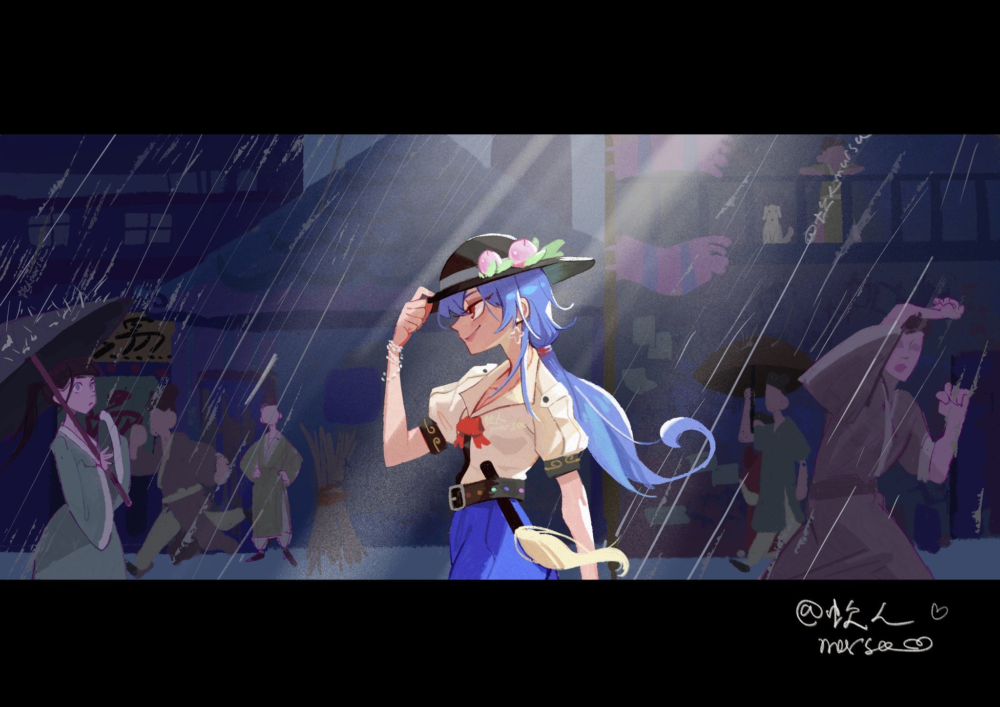 grmarsa, hinanawi tenshi, touhou, highres, alternate hairstyle, belt, black hat, blue hair, breasts, cleavage, collared shirt, cross, cross earrings, denim, earrings, food, fruit, hand on own hat, hat, jeans, jewelry, long hair, looking at another, oil-paper umbrella, outdoors, pants, peach, ponytail, puffy sleeves, rain, red eyes, shirt, short sleeves, small breasts, smile, sunlight, umbrella, walking, white shirt
