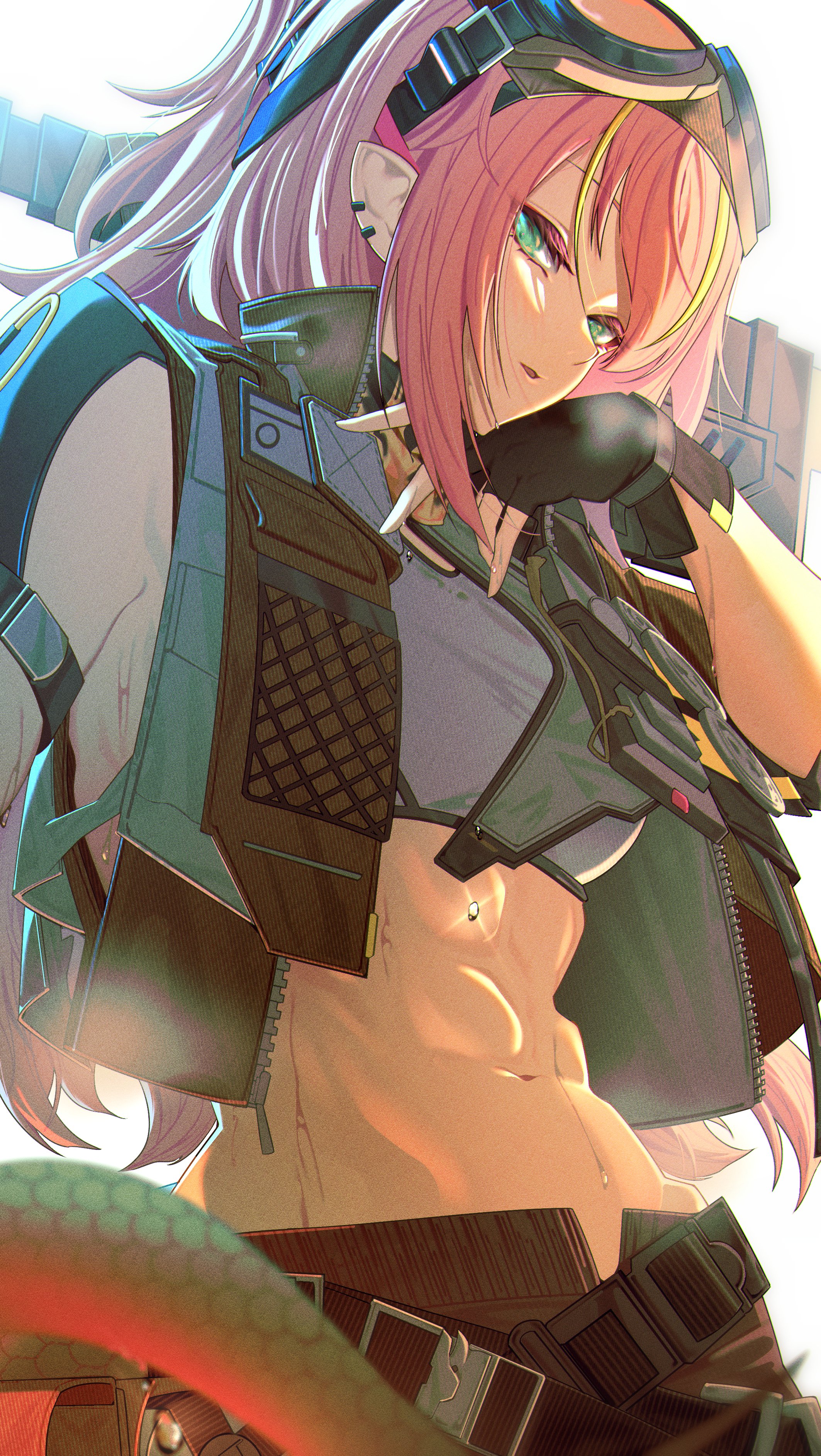 kimo suna, arknights, absurdres, commentary, highres, 1girl, abs, alanna (arknights), armpit peek, black gloves, blonde streaks, blurry, blurry foreground, breasts, cowboy shot, cropped vest, ear piercing, film grain, fingerless gloves, from below, gloves, goggles, goggles on head, green eyes, hand up, heavy film grain, long hair, looking at viewer, medium breasts, midriff, multicolored hair, navel, open clothes, open vest, parted lips, piercing, pink hair, pointy ears, sidelocks, simple background, snake tail, solo, streaked hair, sweat, tail, tank top, vest, white background, white tank top