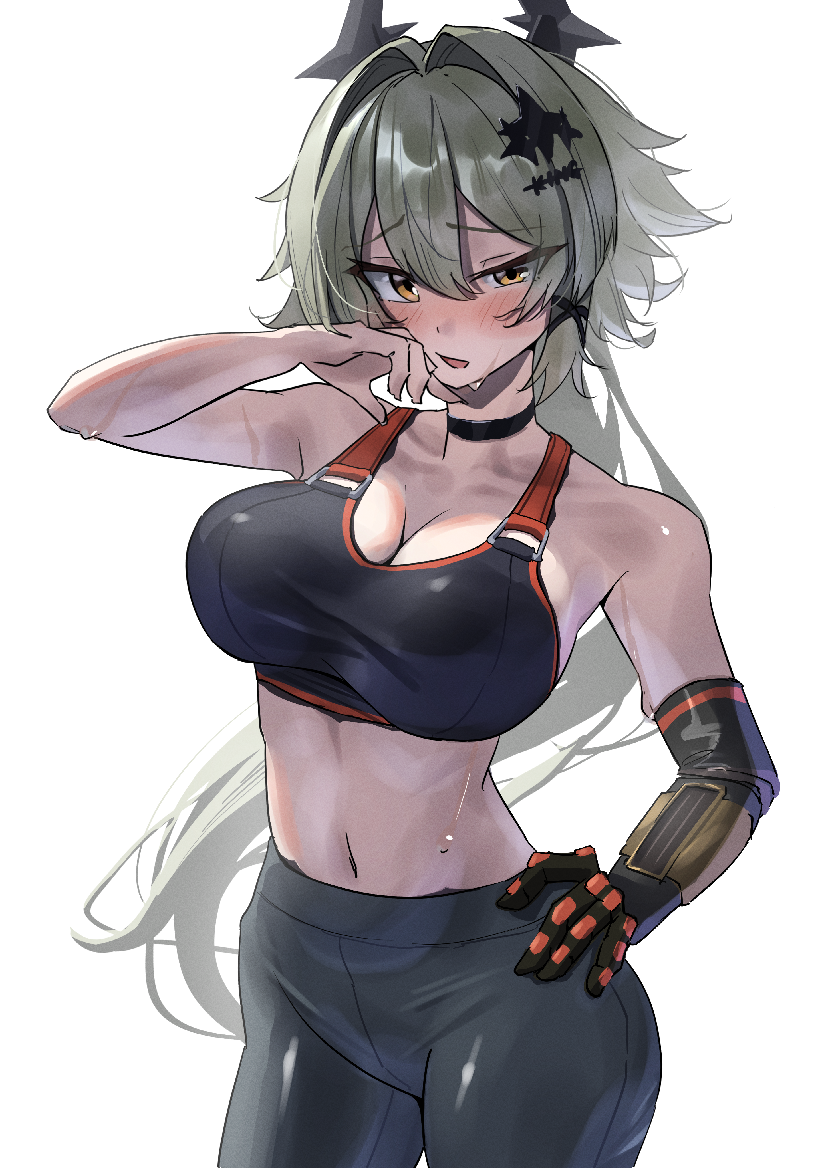 tora (kumo sakamoto), caesar king (zenless zone zero), zenless zone zero, absurdres, commentary request, highres, revision, 1girl, black choker, black pants, blush, breasts, choker, cleavage, green hair, hair between eyes, hand on own hip, large breasts, long hair, looking at viewer, midriff, navel, open mouth, pants, prosthesis, prosthetic arm, simple background, solo, white background, yellow eyes