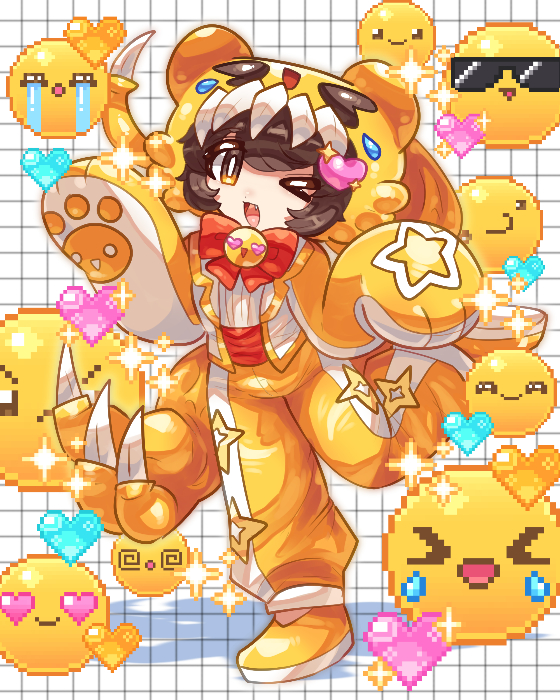 murasakigezi, original, commentary request, > o, 1girl, brown hair, cosplay, emoji, fang, full body, heart, kigurumi, looking at viewer, one eye closed, open mouth, orange eyes, solo, sparkle, standing, standing on one leg